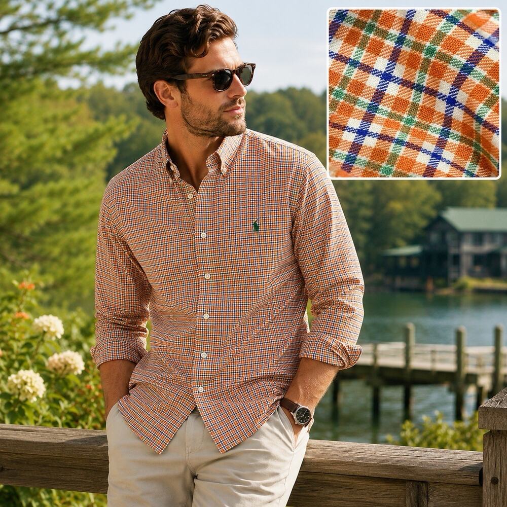 Ralph Lauren Mens L Long Sleeve Button Down Plaid Shirt Orange Cotton Classic